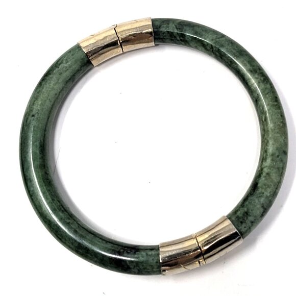 Vintage spinach green nephrite jade hinged bracelet Gold Plate sz 7.5 - Picture 4 of 15